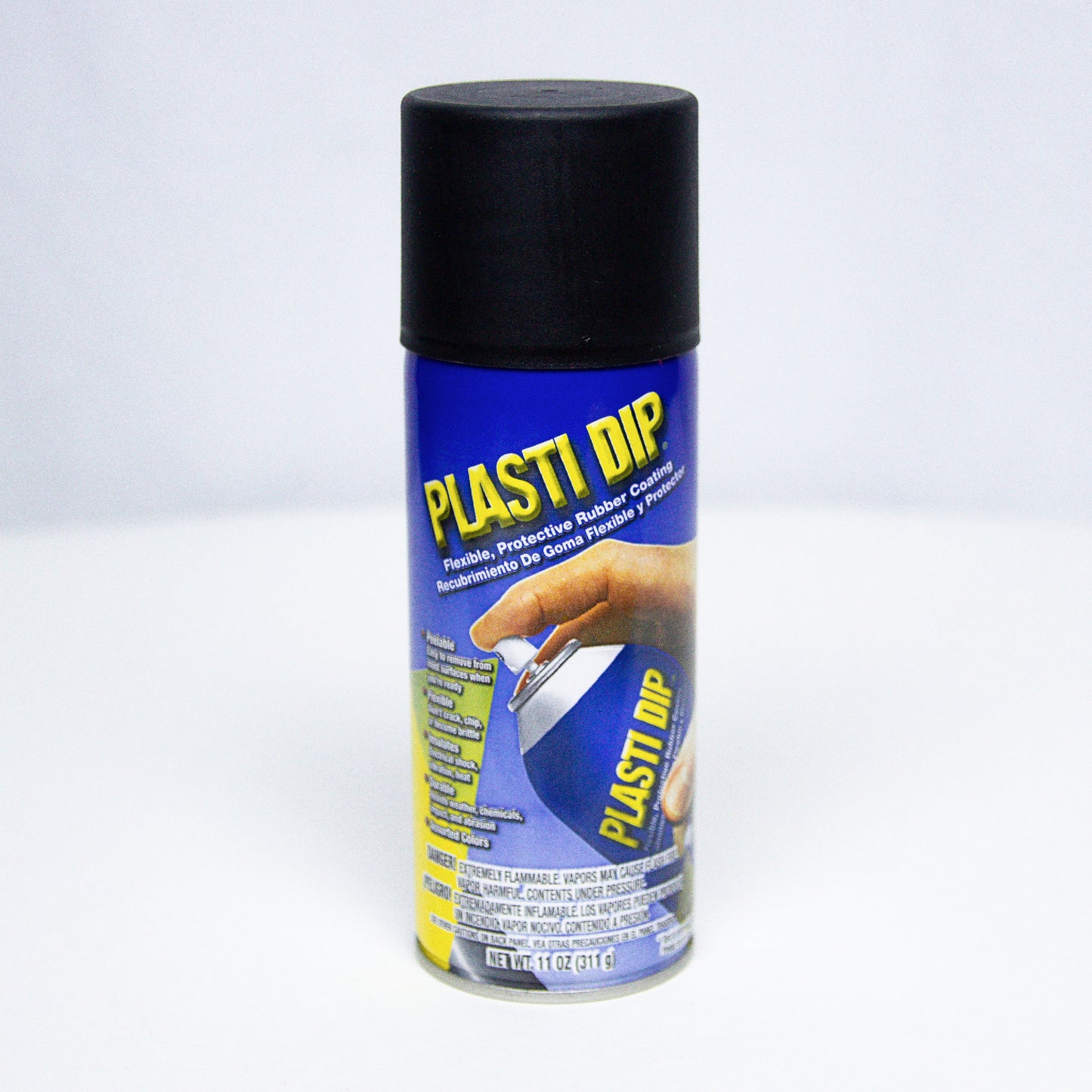 Can of black aerosol Plasti Dip on white background