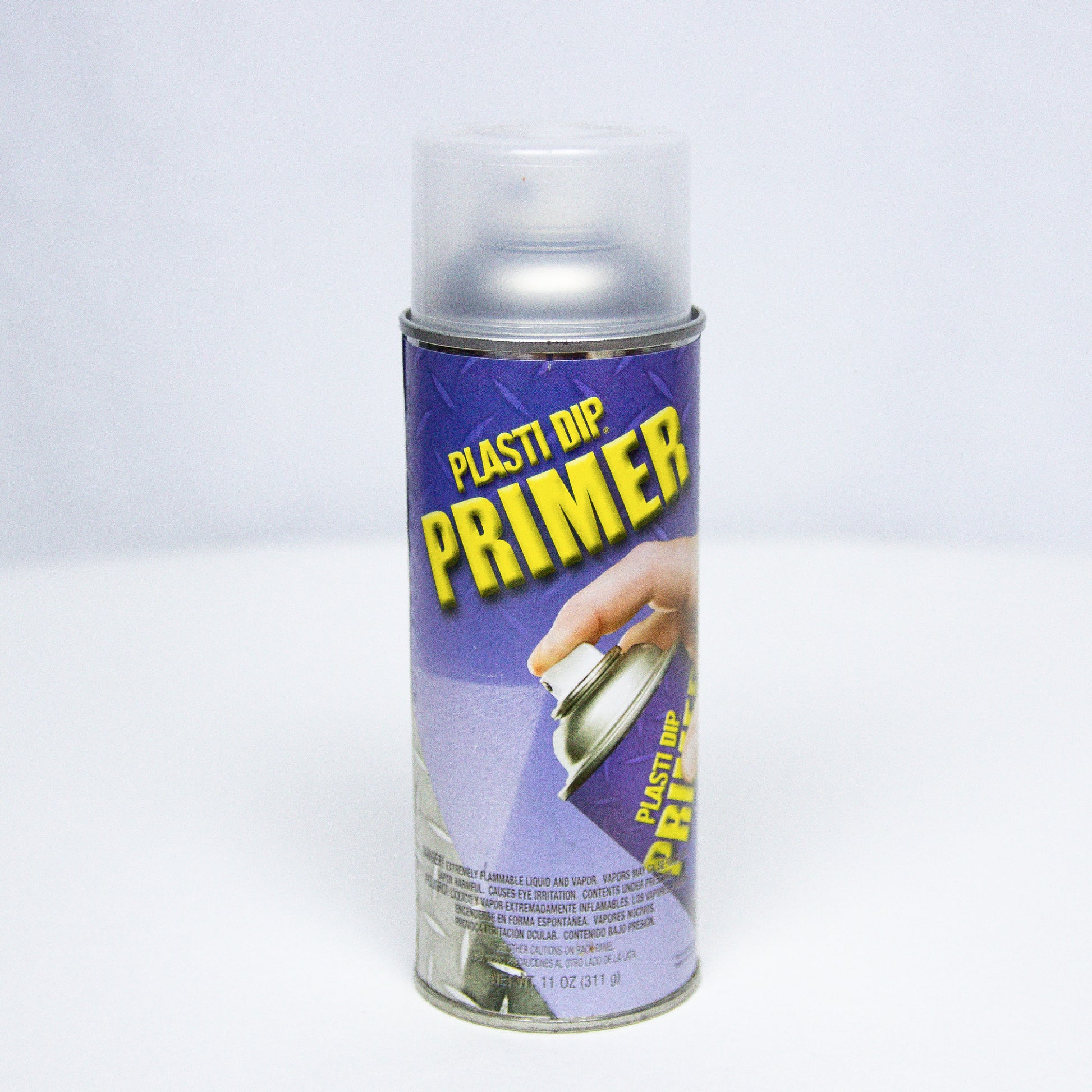 Can of clear aerosol Plasti Dip Primer on white background