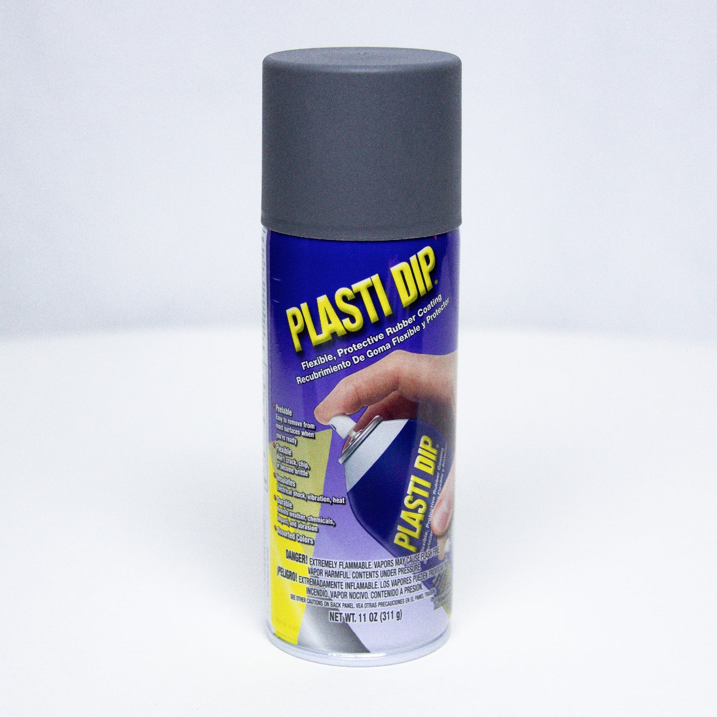 Can of gray aerosol Plasti Dip on white background