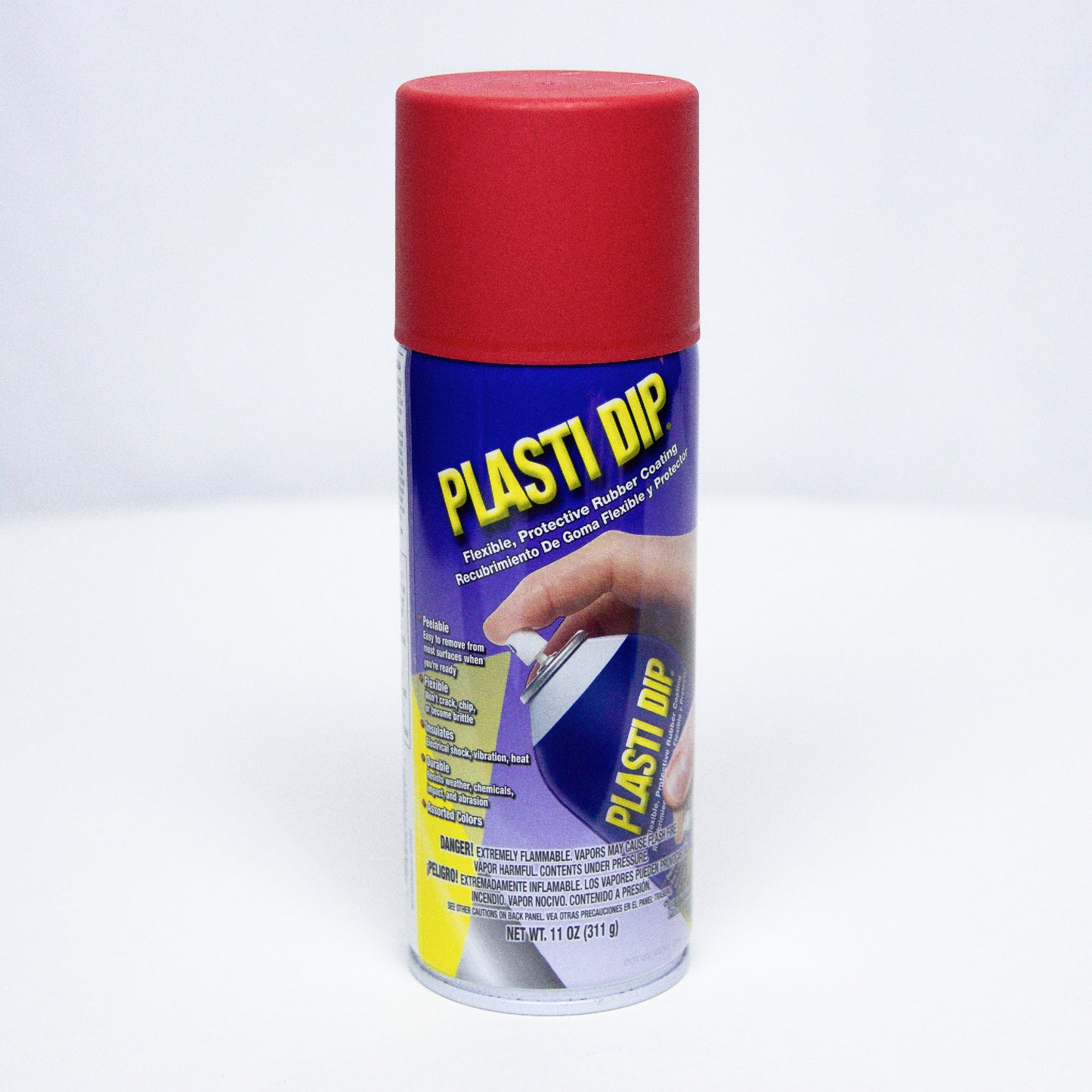 Can of aerosol red Plasti Dip spray on white background